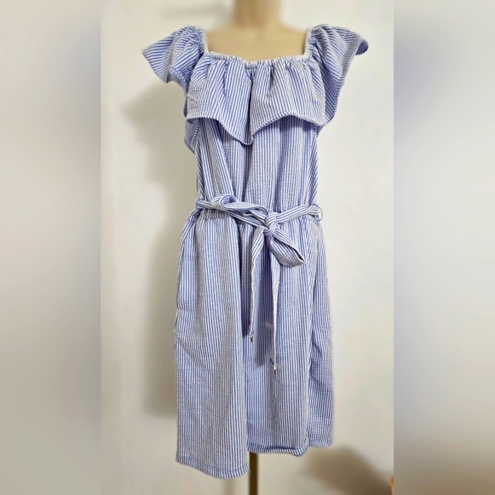 NWT MICHAEL KORS Womens Blue Striped Elastic Waist Off shoulders sleeve 1X